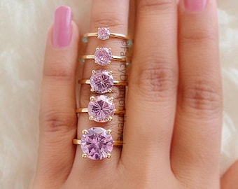 Round Pink Tourmaline engagement ring 11mm 9mm 8mm 6mm 4mm stone ring Simulant Solitaire ring Diamond ring Silver ring Gift for her FD338