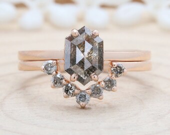 Zout en peper Hexagon Diamond 14K solid gold ring set verloving steer huwelijkscadeau ring KDK2013