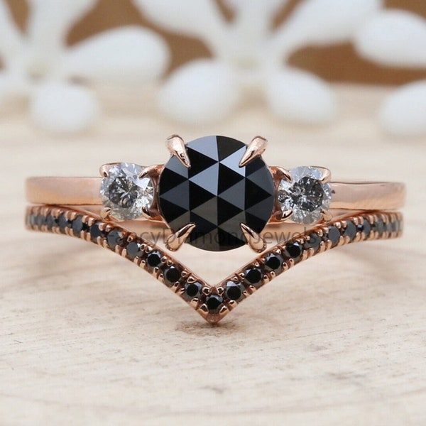 Natural Black Diamond Engagement Ring, Round Black Diamond Wedding Ring, Black Diamond V Shape Wedding Band, Black Diamond Bridal Set, KD238