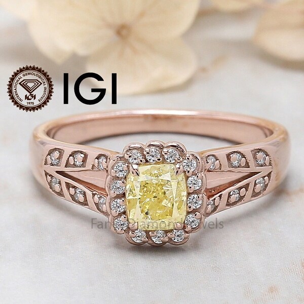 IGI Certified Cushion Yellow Color Diamond Ring, Yellow Color Cushion Diamond Engagement Ring, Cushion Diamond Ring, Halo Ring, KDL7701