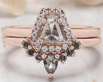 Coffin Cut Salt And Pepper Diamond Ring 0.78 Ct 5.70 MM Coffin Diamond Ring 14K Solid Rose Gold Silver Engagement Ring Gift For Her QL8907