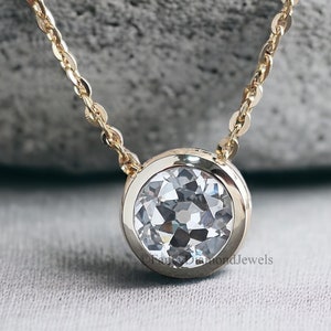 1 Carat Round Old European Cut Moissanite Lab Grown Bezel Floating Pendant Necklace With Chain 14k Yellow Gold Wedding Gift For Her FD128
