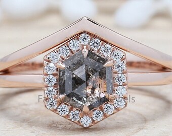 0.88 Ct Natural Hexagon Salt And Pepper Diamond Ring 6.80 MM Hexagon Cut Diamond Ring 14K Solid Rose Gold Silver Engagement Ring KDL9968