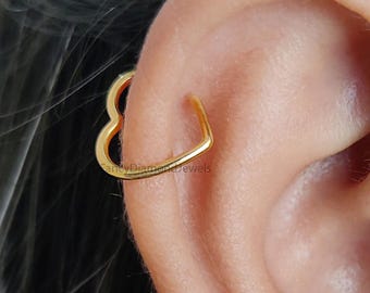 Heart Helix Ring Piercing Silver Yellow Gold Cuff minimalist-style earring 14K Yellow Gold Ear Wrap Cuff Gift For Her FD480