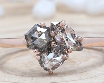 1,08 Ct Natürliche Mix-Form Salz und Pfeffer Diamantring 6,90 MM Mix Form Cut Diamantring 14K Rosegold Silber Verlobungsring KD1206