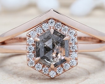 Hexagon Cut Salt And Pepper Diamond Ring 0.88 Ct 6.80 MM Hexagon Cut Diamond Ring 14K Rose Gold Silver Engagement Ring Gift For Her QL9968