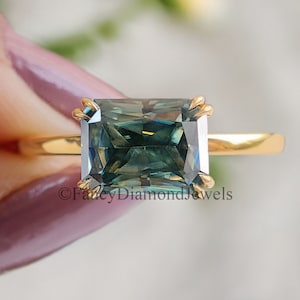 Amazing East to West Radiant Ring Double Claw Prong Ring 1.65 CT Green Radiant Moissanite Ring Solitaire Engagement Ring Wedding Ring FD65