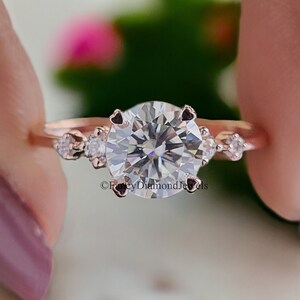 Dainty Engagement Ring 7 MM Round Cut Moissanite Ring 14K Rose Gold Ring Prong Set Ring Stack Ring Promise Bridal Ring Ring For Women FD105