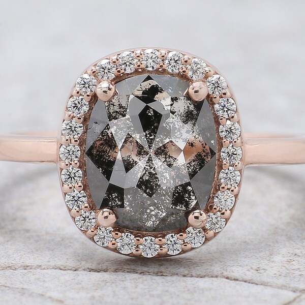 Anillo de diamantes de sal y pimienta de corte ovalado 2.22 Ct 8.74 MM Anillo de diamantes ovalados 14K oro rosa sólido plata anillo de compromiso ovalado regalo para ella KDL2070