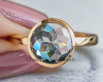 Round Rose Cut Moissanite Bezel Set Engagement Ring 2.35 ct Blue Green Moissanite Round Rose Cut Yellow Gold Silver Ring Gift For Her FD55