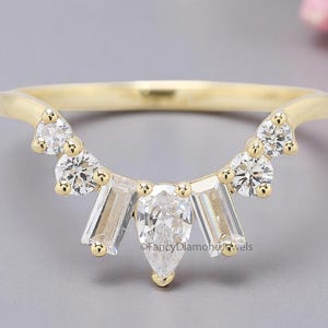 Natuurlijke witte diamant gebogen trouwring 0,57 TW zilver/10 kt/14 kt/18 kt gouden band minimalistisch stapelen sierlijke bijpassende band cadeau voor haar FD378