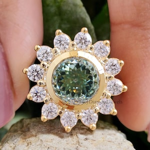 Portuguese Round Cut 8 MM Blue Moissanite Engagement Ring Yellow Gold Floral Style Halo Anniversary Ring Blue Moissanite Wedding Ring FD264