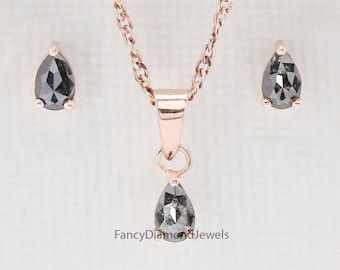 0,77 ct natürlicher Birnen-Salz- und Pfeffer-Diamant-Anhänger, 5,40 mm Birnen-Diamant-Anhänger-Set, 14 Karat massives Roségold, Silber, Verlobungsanhänger KD1193