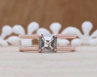 Salz und Pfeffer Smaragd Diamant Doppelband 14K solid Rose Gold Ring Verlobung Hochzeit Geschenk Ring KD522