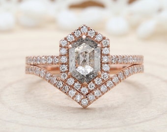 Grau Salz und Pfeffer Sechseck Diamant 14K solide Rose Gold Ring Set Verlobung Hochzeit Geschenk Ring KD663