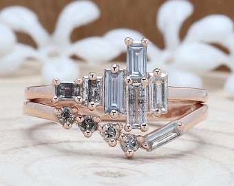 18k Gold Emerald Baguette Salt and Pepper Diamond Gold Engagement Ring Art Deco 1920's Inspired Band 14k Unique Ring for Her 0.61 Ct KD871