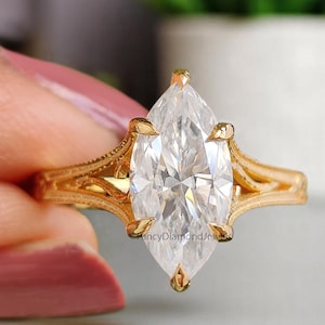 1.15 CT Marquise Cut Moissanite Engagement Ring Filigree Wedding Ring Solitaire Ring Bridal Promise Ring Yellow Gold Ring Gift For Her FD365