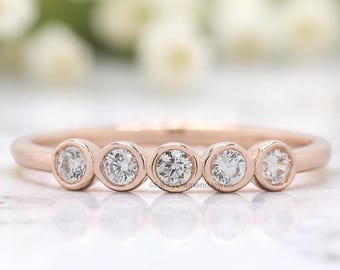 Round Moissanite Bezel Set Wedding Band Rose Gold Five Stone Anniversary Ring Minimalist Stacking Band Unique Bridal Promise Ring KD890