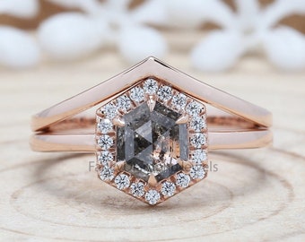 0.88 Ct Natural Hexagon Salt And Pepper Diamond Ring 6.80 MM Hexagon Cut Diamond Ring 14K Solid Rose Gold Silver Engagement Ring KDL9968