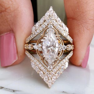Marquise Moissanite Bridal Set 2pcs Moissanite Cage Ring Unique Engagement Ring Yellow Gold Vintage Wrap Ring Bridal Anniversary Ring FD318