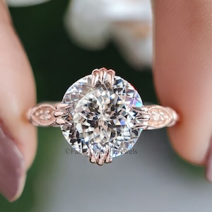 Vintage Style Engagement Ring 2.26 TW Portuguese Cut Moissanite Fishtail Prong Ring Wedding Ring for Women Cathedral Milgrain Ring FD10