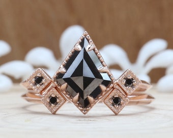 Kite Cut Black Diamond Engagement Ring Set, Rose Gold Gothic Bridal Set, Unique Geometric Kite Shaped Ring, Alternative Wedding Band KD1209