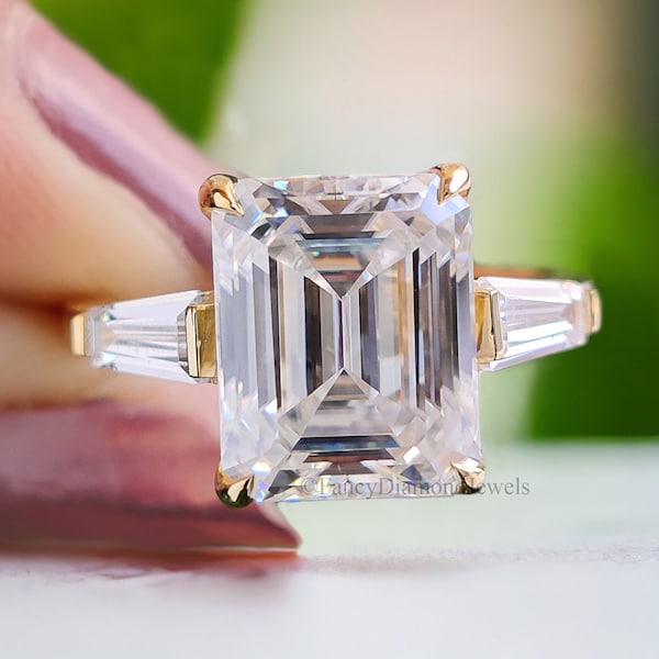 3.45 CT Emerald Cut Colorless Moissanite Ring Three Stone Engagement Ring Side Tapered Baguette Moissanite Claw Prong Anniversary Gift FD137