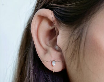Tiny Solid Gold Pear Open Hoop 1 piece Earrings Yellow Gold Pear Moissanite Diamond Mini Hoop Dewdrop Hoop Earring Minimalist Jewelry FD43