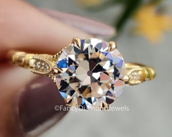 2.15 CTW Old European Cut Vintage Ring Round OEC Colorless Moissanite Ring 14KT Gold Engagement Ring Milgarain Setting Antique Ring  FD02