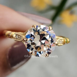 2.15 CTW Old European Cut Vintage Ring Round OEC Colorless Moissanite Ring 14KT Gold Engagement Ring Milgarain Setting Antique Ring FD02 Bild 1