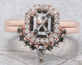 Emerald Salt And Pepper Diamond Ring | Salt And Pepper Emerald Diamond Engagement Ring | Emerald Diamond Ring | Bridal Ring Set | MQ04