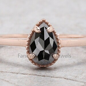 Pear Cut Black Color Diamond Ring 0.61 Ct 7.37 MM Pear Diamond Ring 14K Solid Rose Gold Silver Pear Engagement Ring Gift For Her QN2270