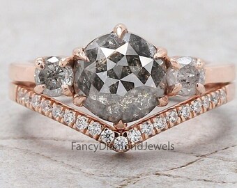 Anillo de diamantes de sal y pimienta de talla rosa redonda 2.08 Ct 7.95 MM Anillo de diamantes de rosa redondo 14K oro rosa anillo de compromiso de plata regalo para ella QL455