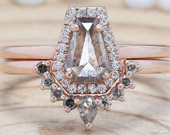 Galaxy Salt and Pepper Diamond Ring, Halo Coffin Cut Natural Diamond Engagement Ring, Bridal Ring Set, Promise Ring, Gift For Her MQ03