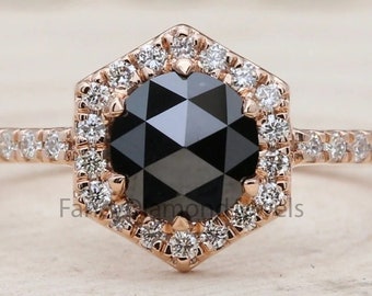 Ronde roosgeslepen zwarte kleur diamanten ring, zwarte roosgeslepen diamanten verlovingsring, roosgeslepen diamanten ring, roosgeslepen diamanten ring, halo-ring KD309