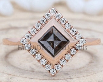 Kite Cut Salt And Pepper Diamond Ring 0.94 Ct 7.50 MM Kite Diamond Ring 14K Solid Rose Gold Silver Kite Engagement Ring Gift For Her QN489