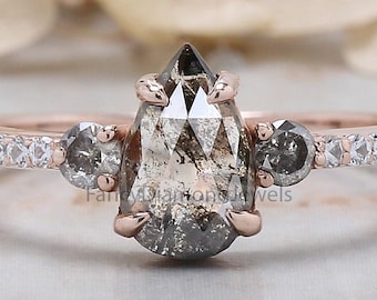 Pear Cut Salt And Pepper Diamond Ring 0.62 Ct 8.20 MM Pear Diamond Ring 14K Solid Rose Gold Silver Pear Engagement Ring Gift For Her QL1574