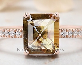 Anillo de diamantes de color marrón de corte radiante 1.46 Ct 7.60 MM Anillo de diamantes radiantes 14K oro rosa sólido anillo de compromiso de plata regalo para ella QN9224