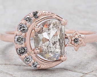 Halbmond-Diamantring mit Salz und Pfeffer, 0,94 Karat, 7,30 mm, Halbmond-Diamantring, 14 Karat Roségold, Silber, Verlobungsring, Geschenk für Sie, QN725