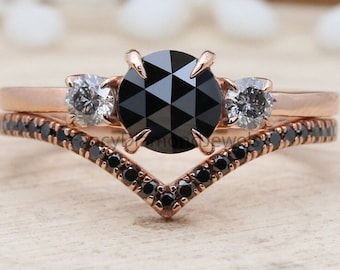 Black Diamond Engagement Ring Set 1.30CT 14K Gold Vintage Natural Black Diamond Rose Gold Twisted Band Wedding Bridal Set Gift For Her KD238