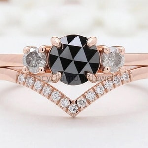 Runder schwarzer Diamant-Ring, schwarzer Diamant-Verlobungsring, runder Diamant-Ring, runder Rosenschliff-Ring, rundes Brautring-Set, KD686 Bild 1