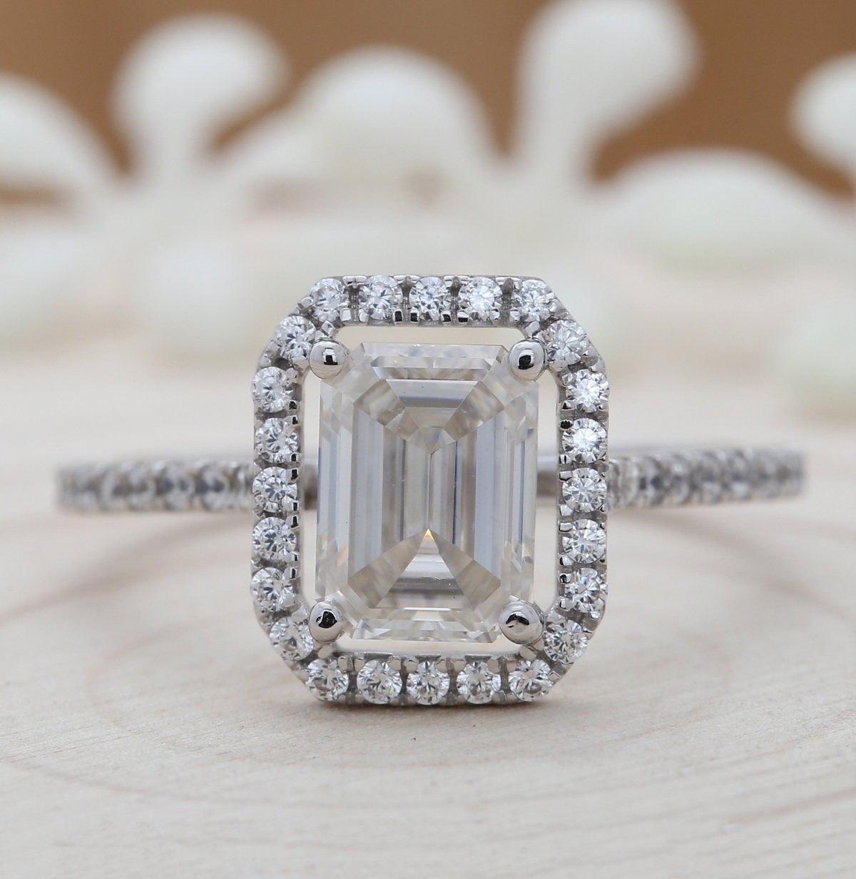 Emerald White Moissanite Engagement Ring Solitaire White Gold | Etsy
