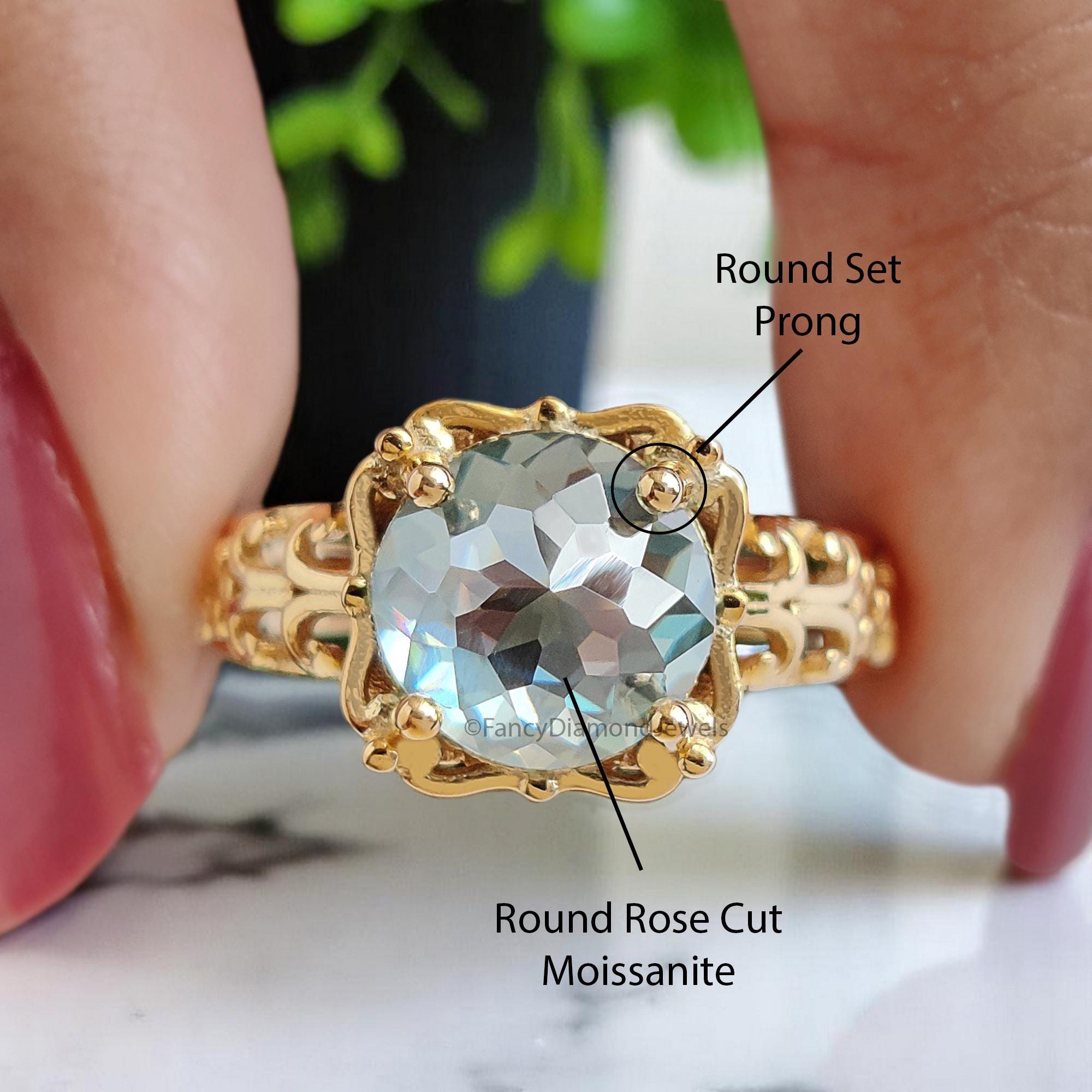 Antique 2.65 CT Round Rose Cut Blue Moissanite Engagement Ring