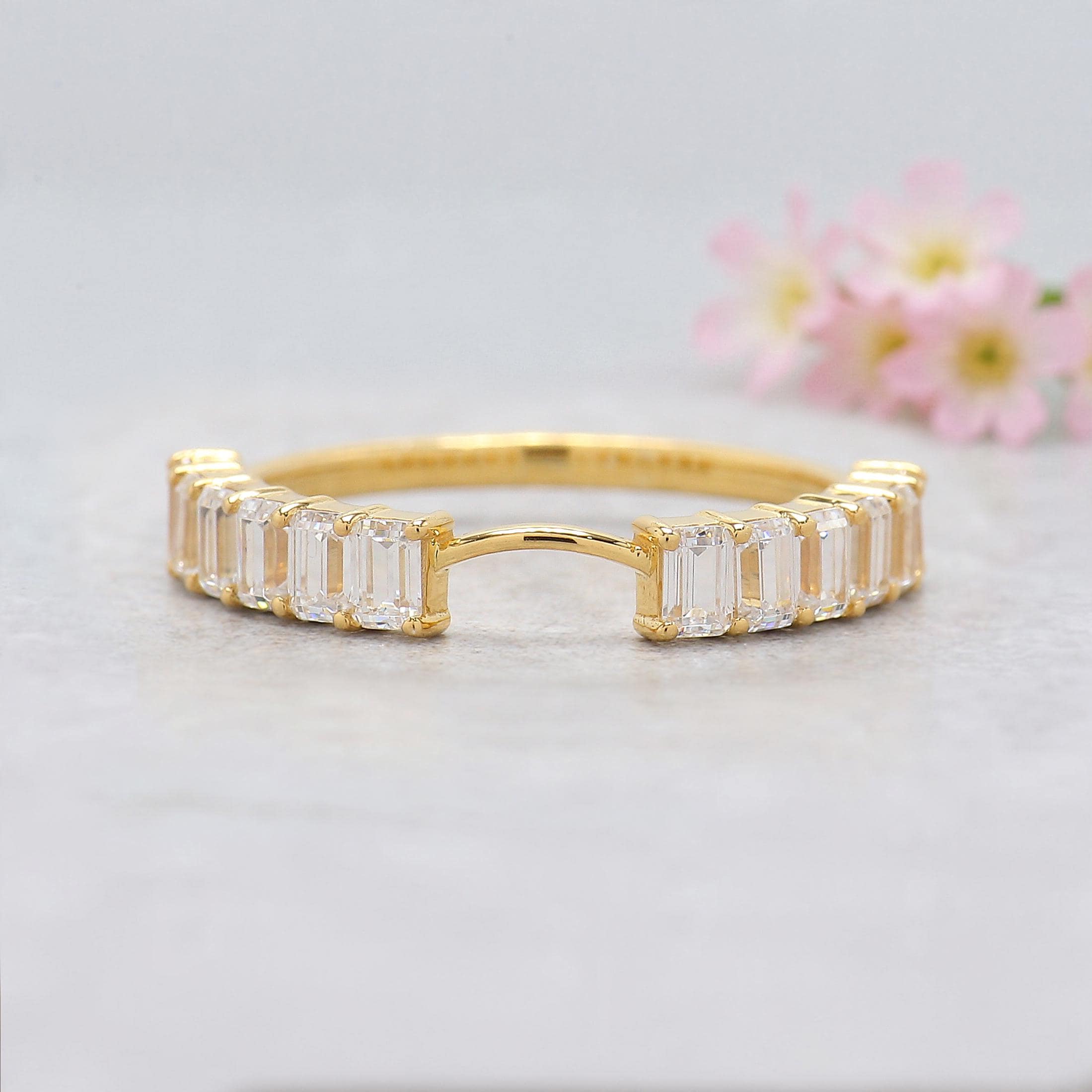 Emerald Cut Wedding Band Yellow Gold Unique Half Eternity Anniversary ...