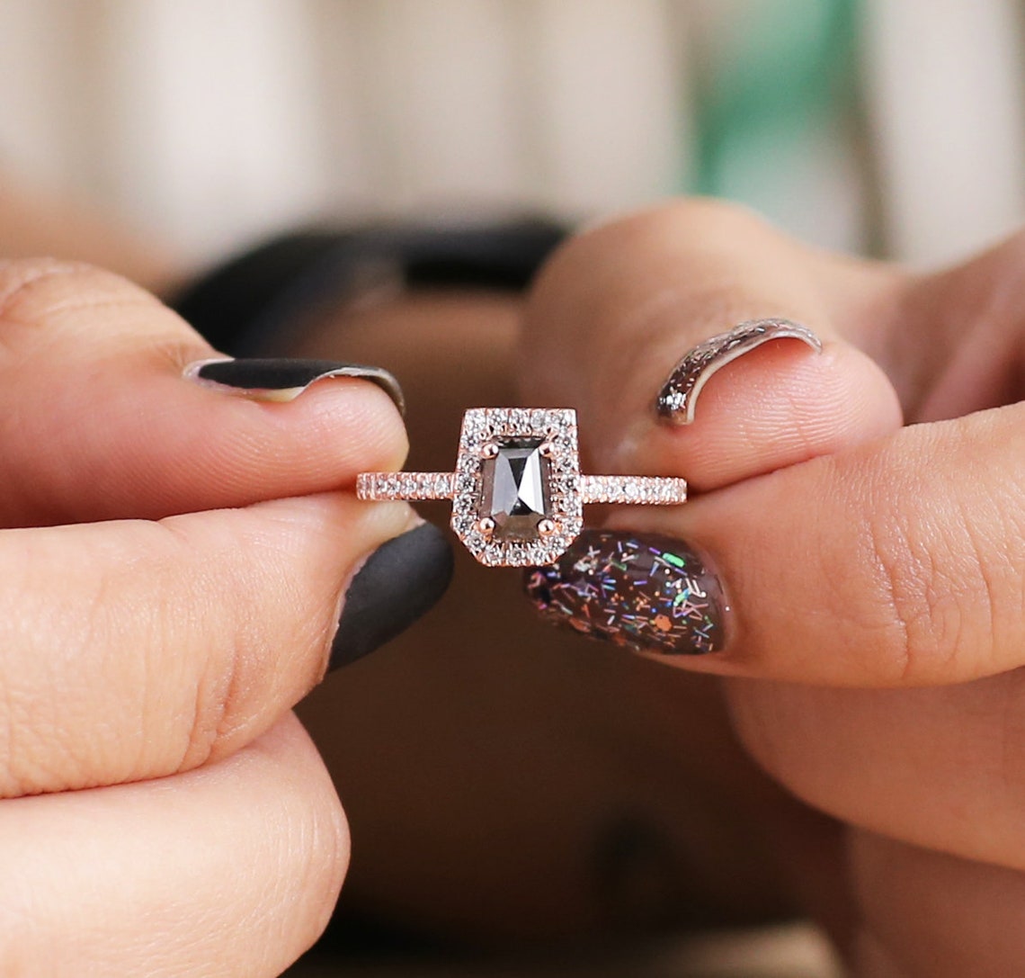 0.87 CT Salt And Pepper Diamond Ring Coffin Diamond Ring Etsy