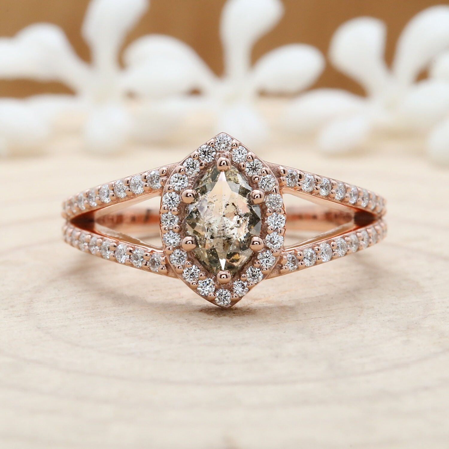 Salt And Pepper Marquise Diamond 14K Solid Rose Gold Ring Etsy