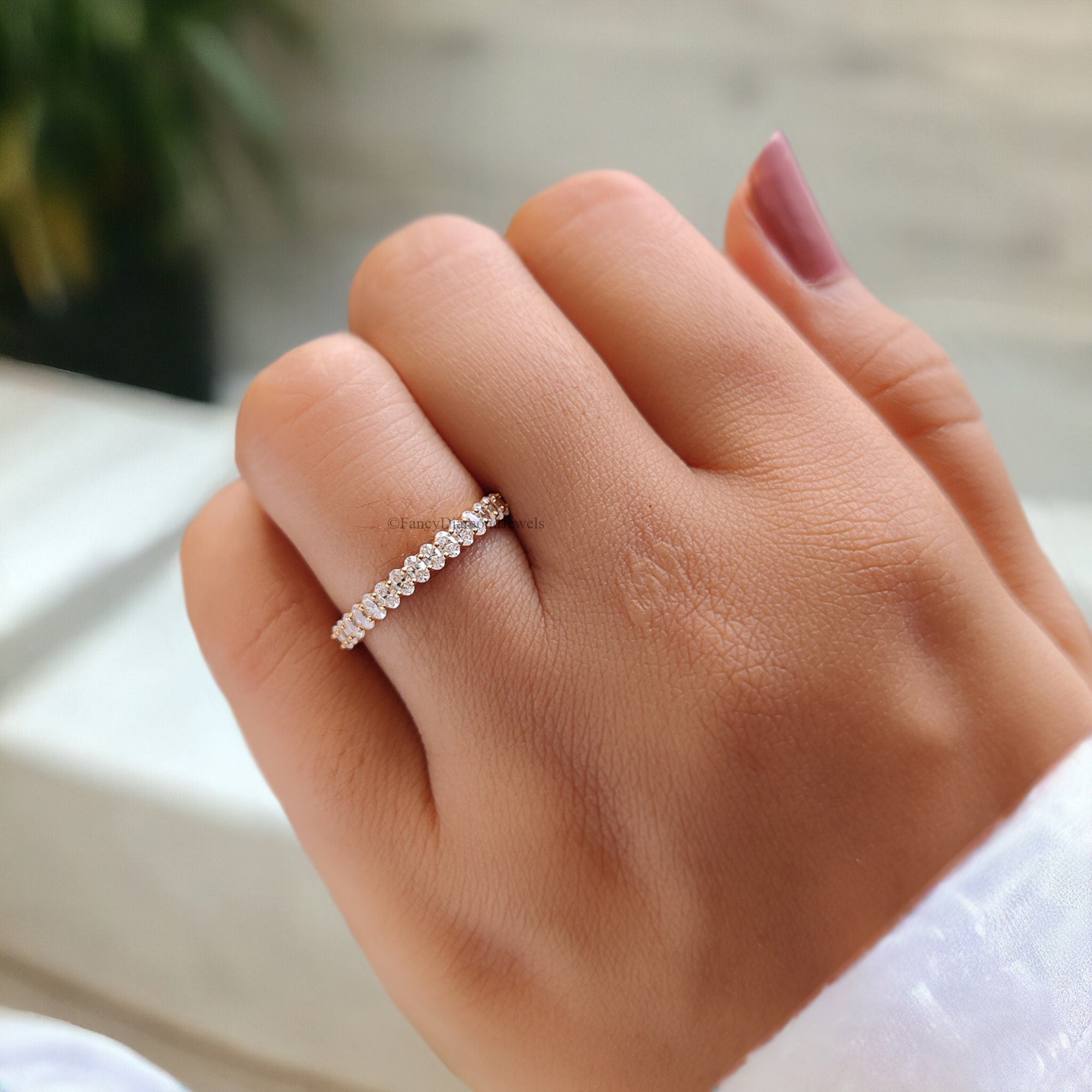 Oval Cut Moissanite Wedding Band Women Yellow Gold Unique Half Eternity ...