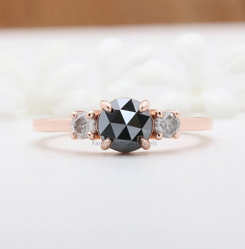 Runder schwarzer Diamant-Ring, schwarzer Diamant-Verlobungsring, runder Diamant-Ring, runder Rosenschliff-Ring, rundes Brautring-Set, KD686 Bild 2