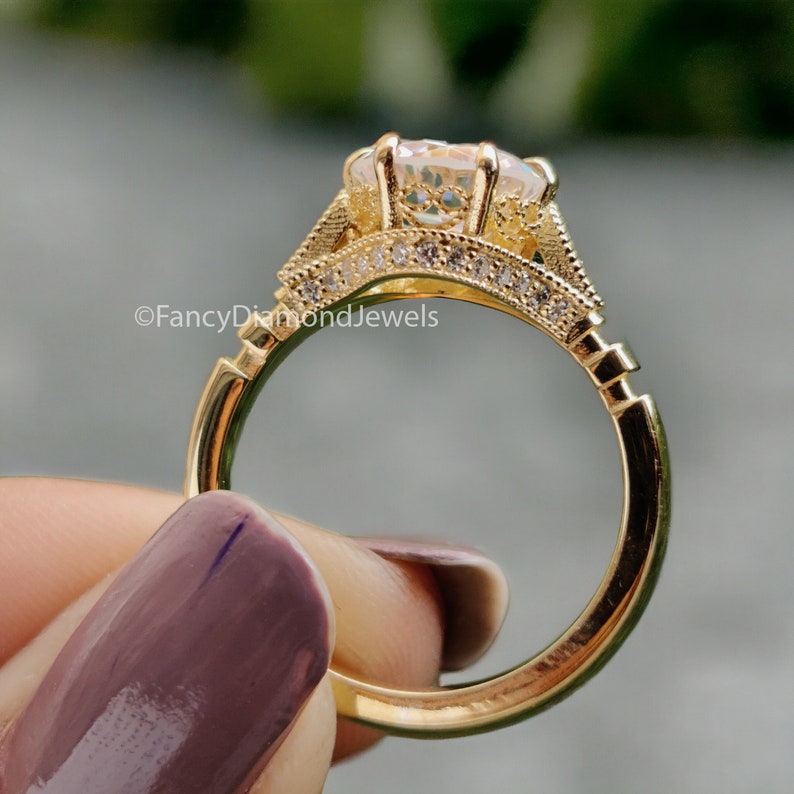 2.15 CTW Old European Cut Vintage Ring Round OEC Colorless Moissanite Ring 14KT Gold Engagement Ring Milgarain Setting Antique Ring FD02 Bild 2