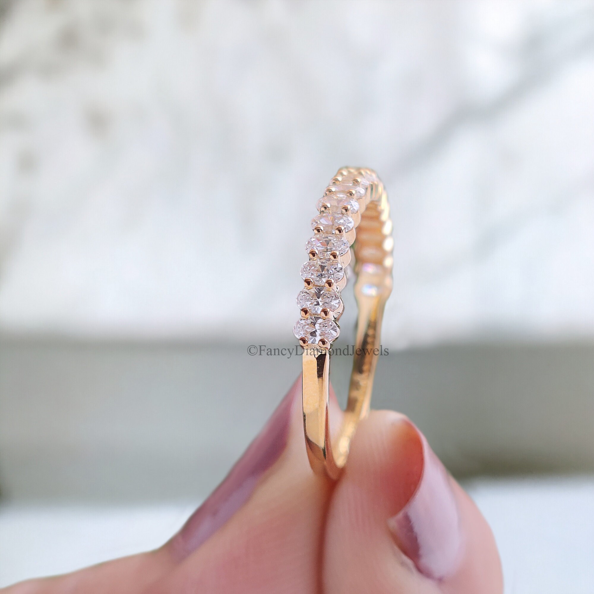 Oval Cut Moissanite Wedding Band Women Yellow Gold Unique Half Eternity ...